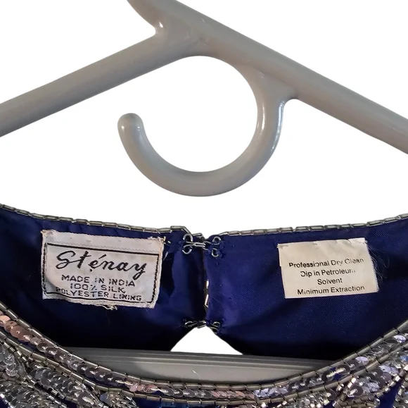 Vintage Stenay Beaded Evening Dress Large Blue Art Deco Silk Sequin 80s Luxury - Picture 4 of 6